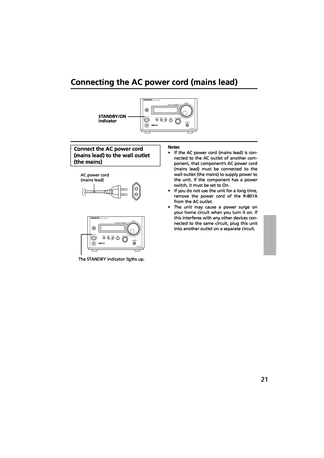 Onkyo R-801A instruction manual Connecting the AC power cord mains lead, STANDBY/ON indicator 