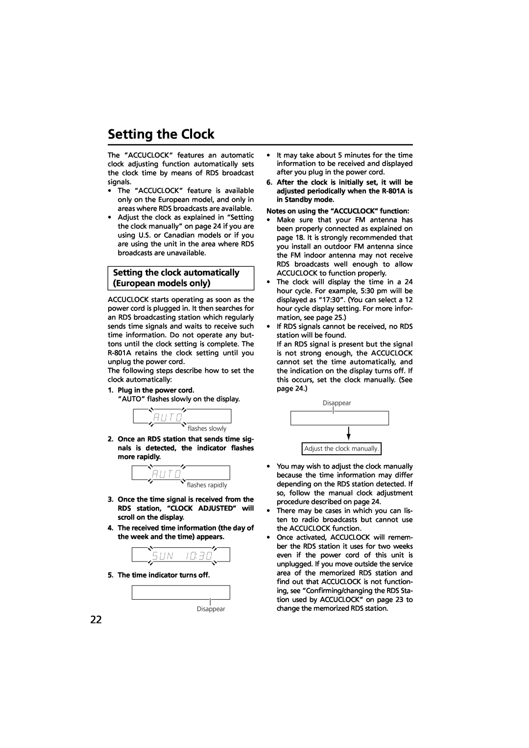 Onkyo R-801A instruction manual Setting the Clock, Plug in the power cord, The time indicator turns off 