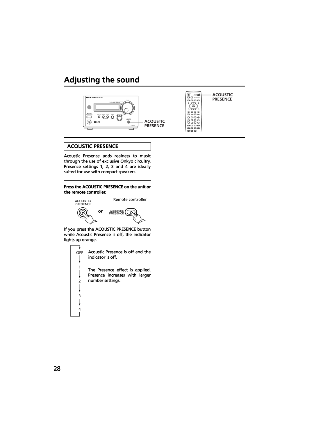 Onkyo R-801A instruction manual Adjusting the sound, Acoustic Presence 