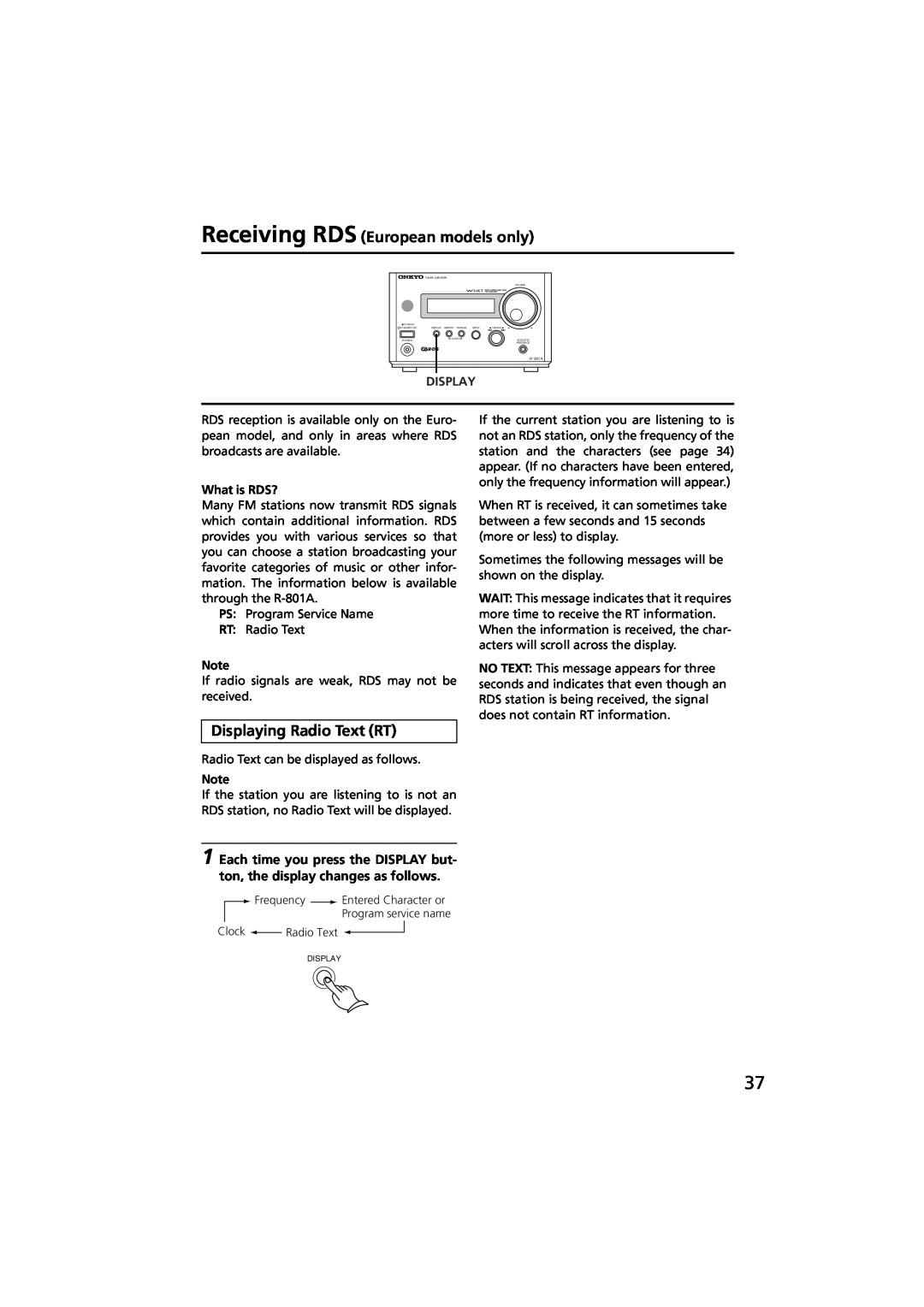Onkyo R-801A instruction manual Receiving RDS European models only, Displaying Radio Text RT, What is RDS? 