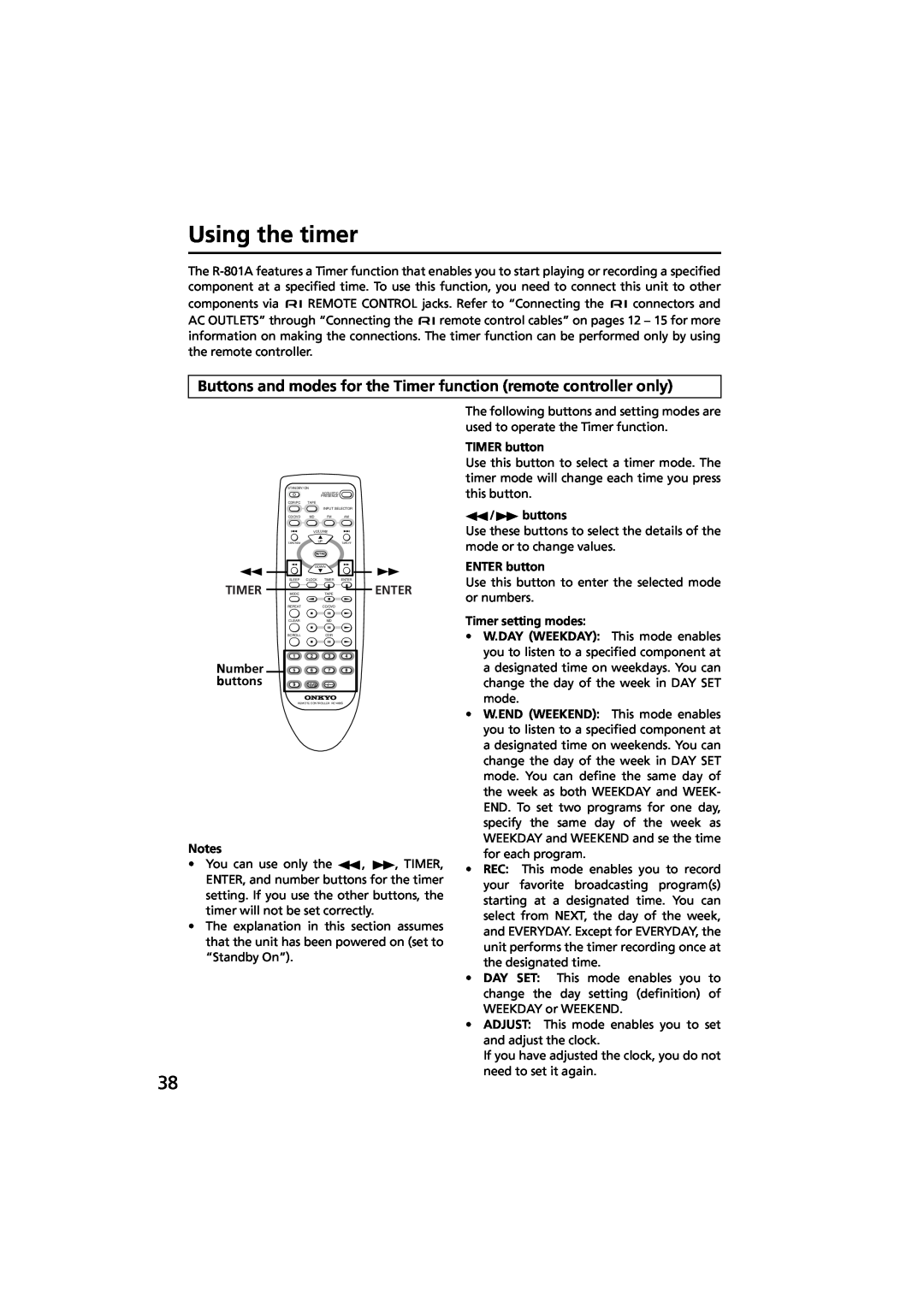 Onkyo R-801A instruction manual Using the timer, TIMER button, buttons, Timer setting modes, ENTER button 
