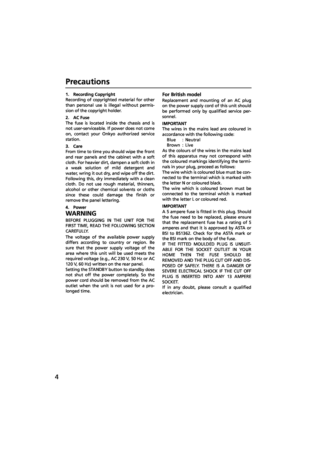 Onkyo R-801A instruction manual Precautions, For British model, Recording Copyright, AC Fuse, Care, Power 