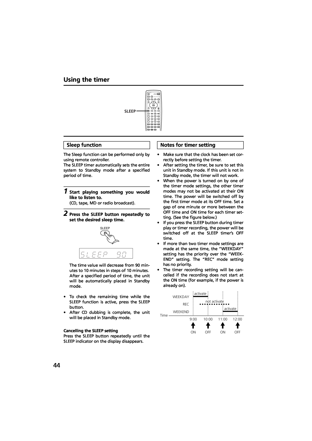 Onkyo R-801A instruction manual Sleep function, Notes for timer setting, Cancelling the SLEEP setting, Using the timer 