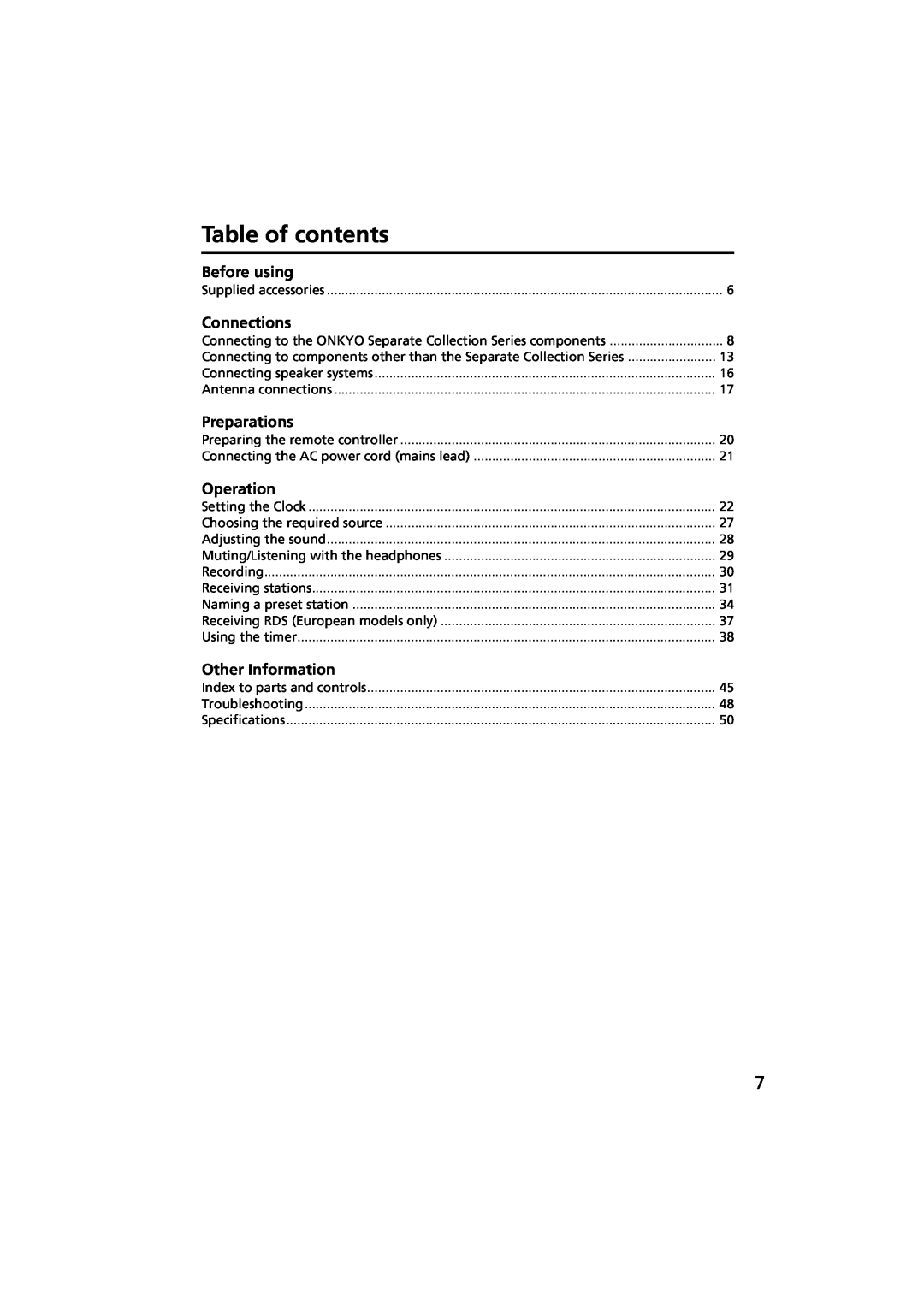 Onkyo R-801A instruction manual Table of contents, Before using, Connections, Preparations, Operation, Other Information 