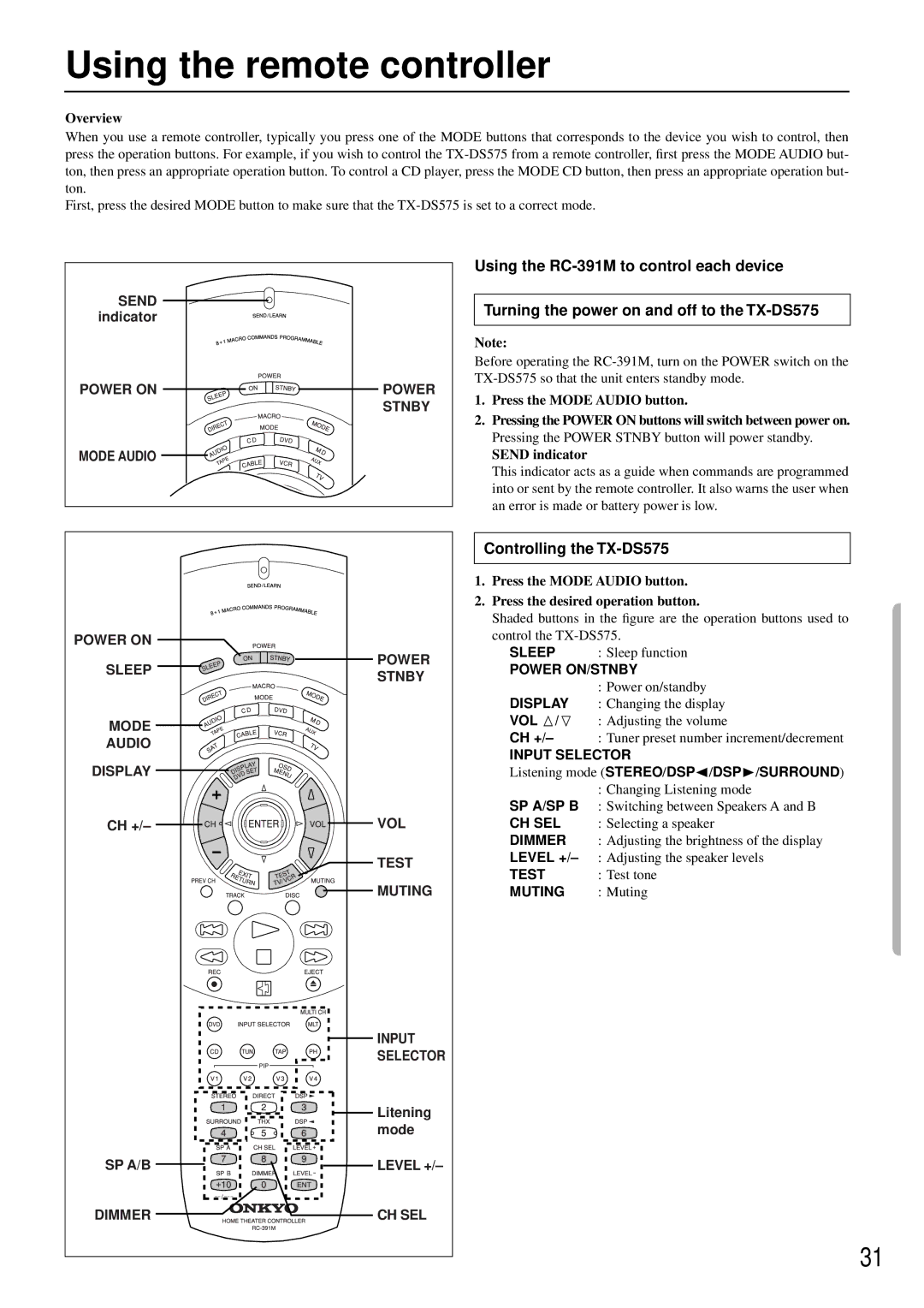 Onkyo RC-391M manual Controlling the TX-DS575 