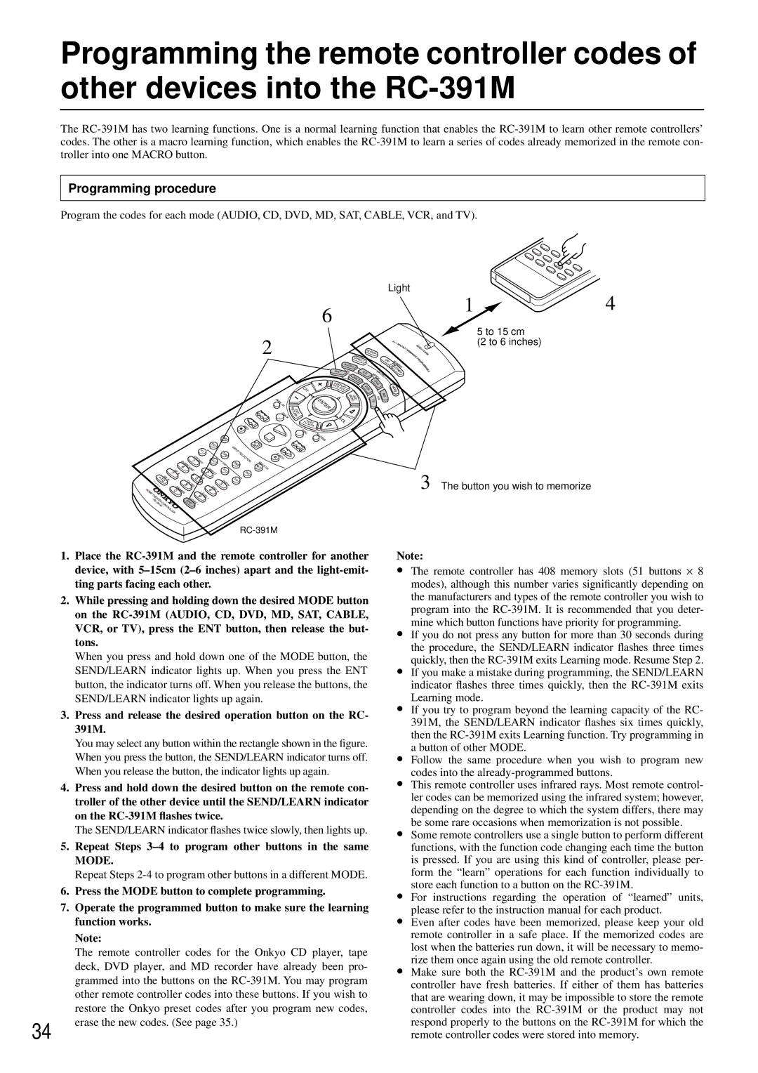 Onkyo RC-391M manual Programming procedure, Repeat Steps 3-4 to program other buttons in the same Mode 