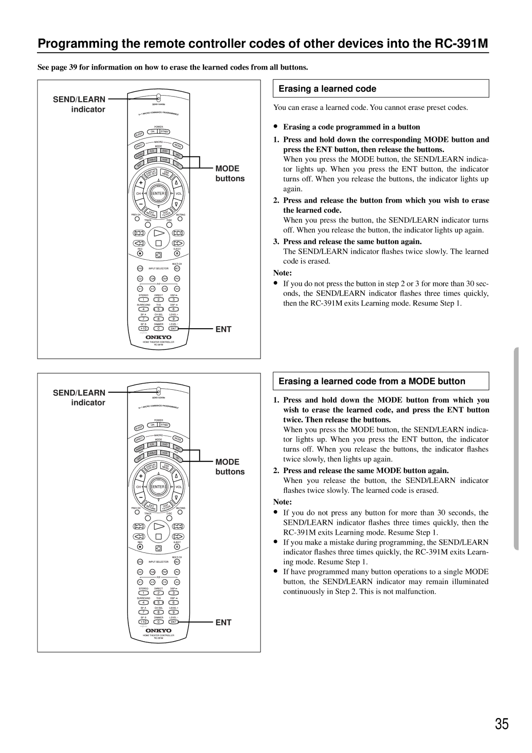 Onkyo RC-391M manual Erasing a learned code from a Mode button, Press and release the same button again 