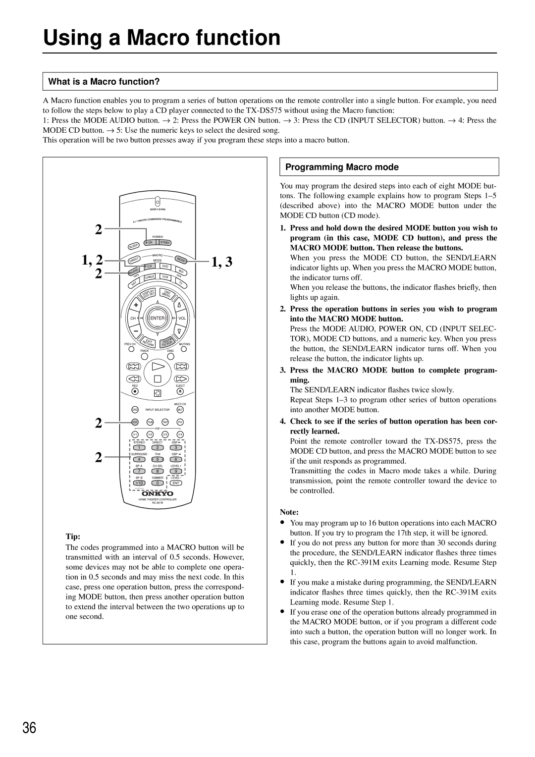 Onkyo RC-391M manual What is a Macro function?, Programming Macro mode, Tip 