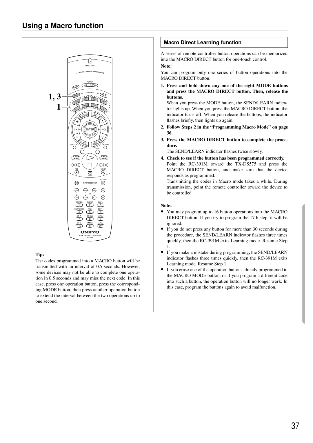 Onkyo RC-391M manual Using a Macro function, Macro Direct Learning function 