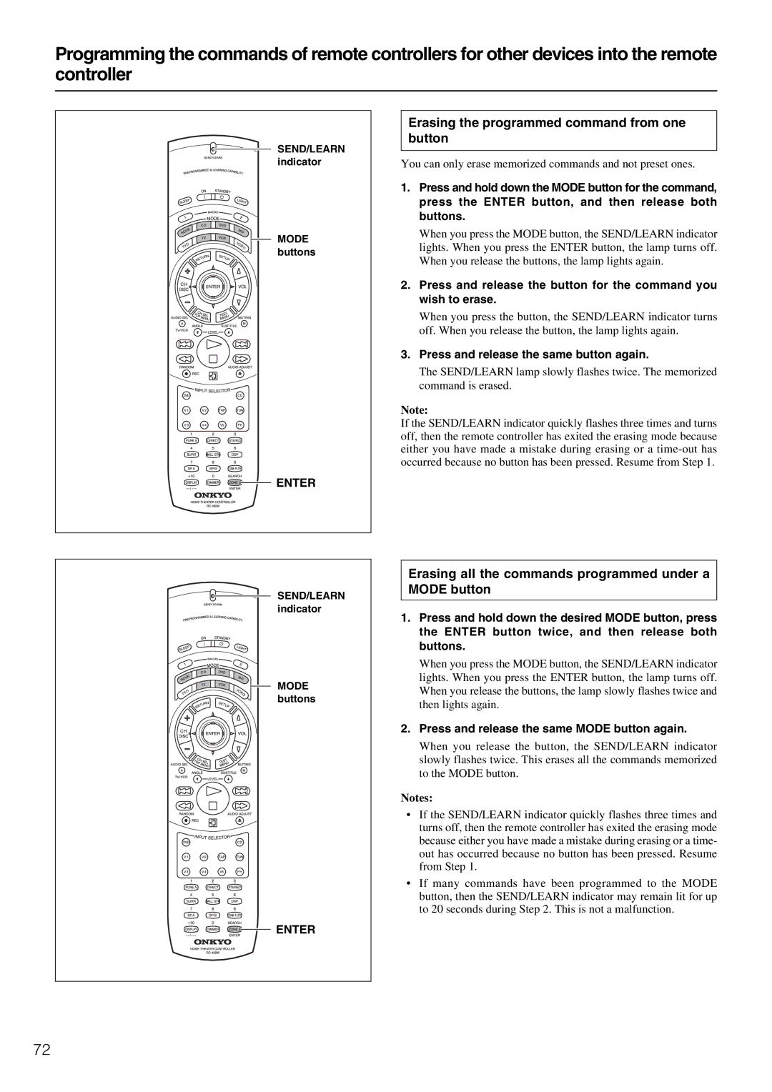 Onkyo RC-482M Erasing the programmed command from one button, Erasing all the commands programmed under a Mode button 