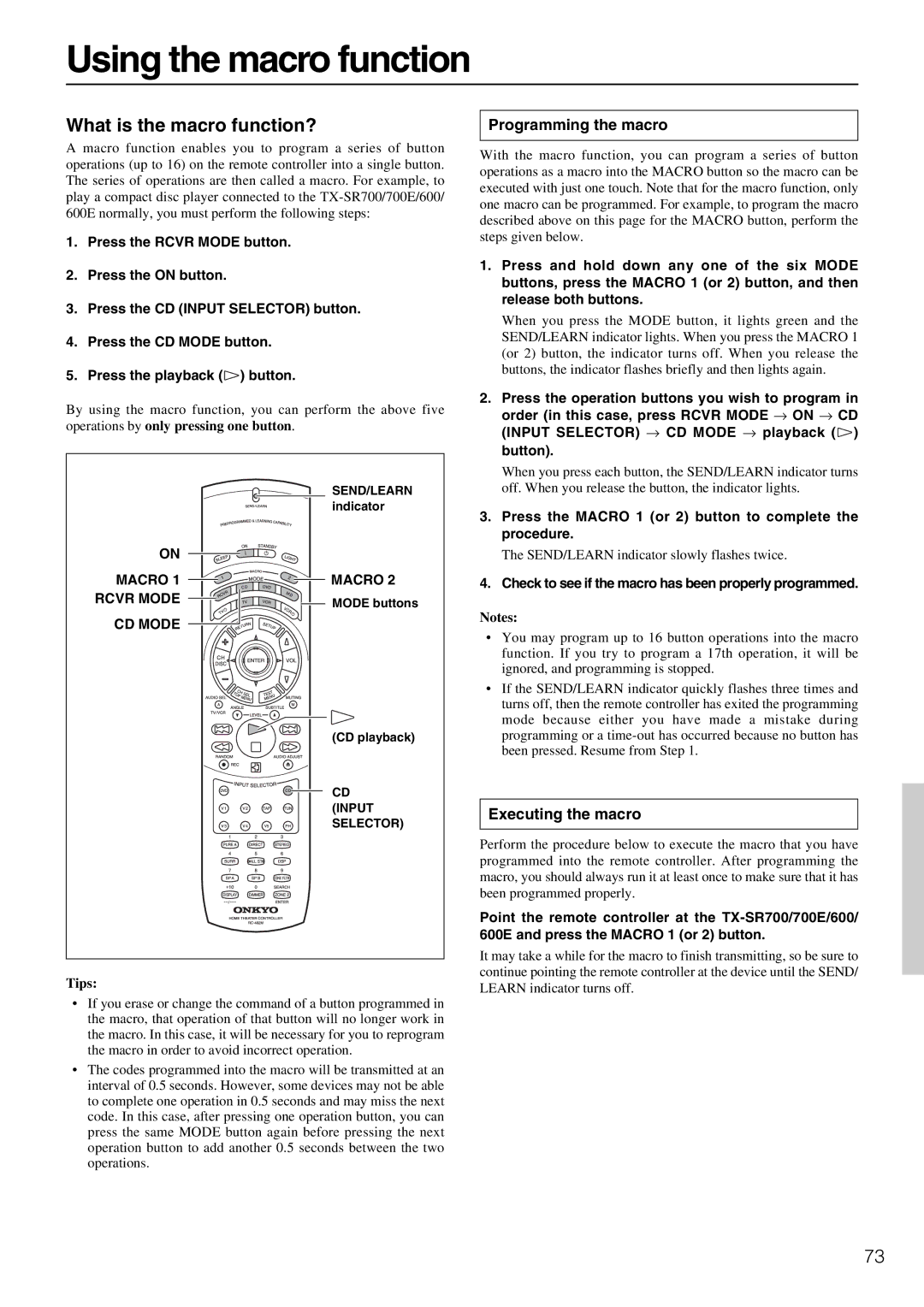 Onkyo RC- 480M, RC-482M Using the macro function, Programming the macro, Executing the macro, Macro 1 Rcvr Mode CD Mode 