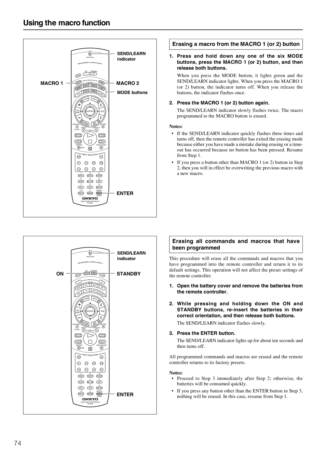 Onkyo RC-482M, RC- 480M manual Using the macro function, Erasing a macro from the Macro 1 or 2 button, On Standby Enter 