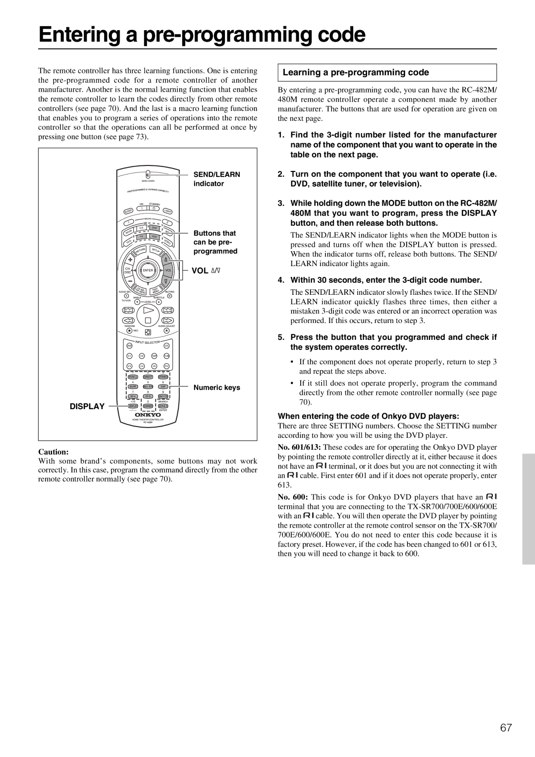 Onkyo RC- 480M, RC-482M manual Entering a pre-programming code, Learning a pre-programming code, Display 