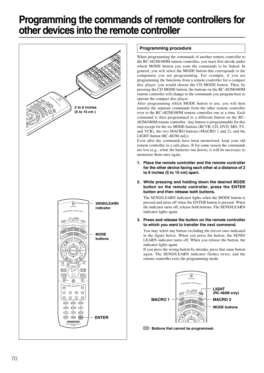 Onkyo RC-482M, RC- 480M manual Programming procedure, Light, Macro 1 Macro 