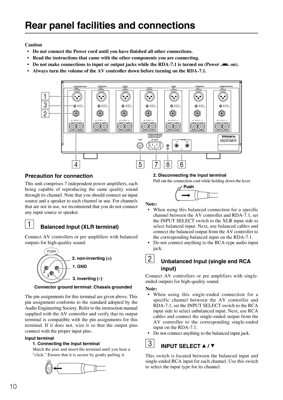 Onkyo RDA-7.1 Rear panel facilities and connections, Precaution for connection, Balanced Input XLR terminal 