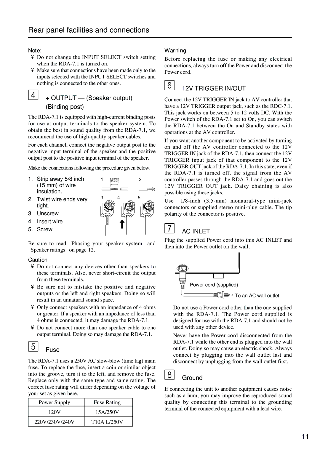 Onkyo RDA-7.1 instruction manual + Output Speaker output Binding post, Fuse, Ground 