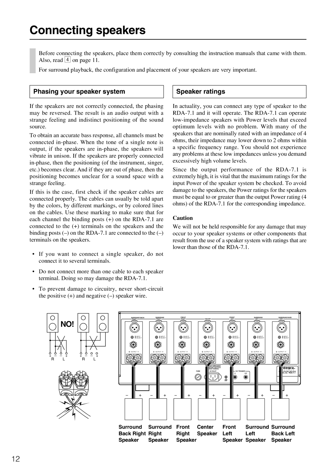 Onkyo RDA-7.1 instruction manual Connecting speakers, Phasing your speaker system Speaker ratings 