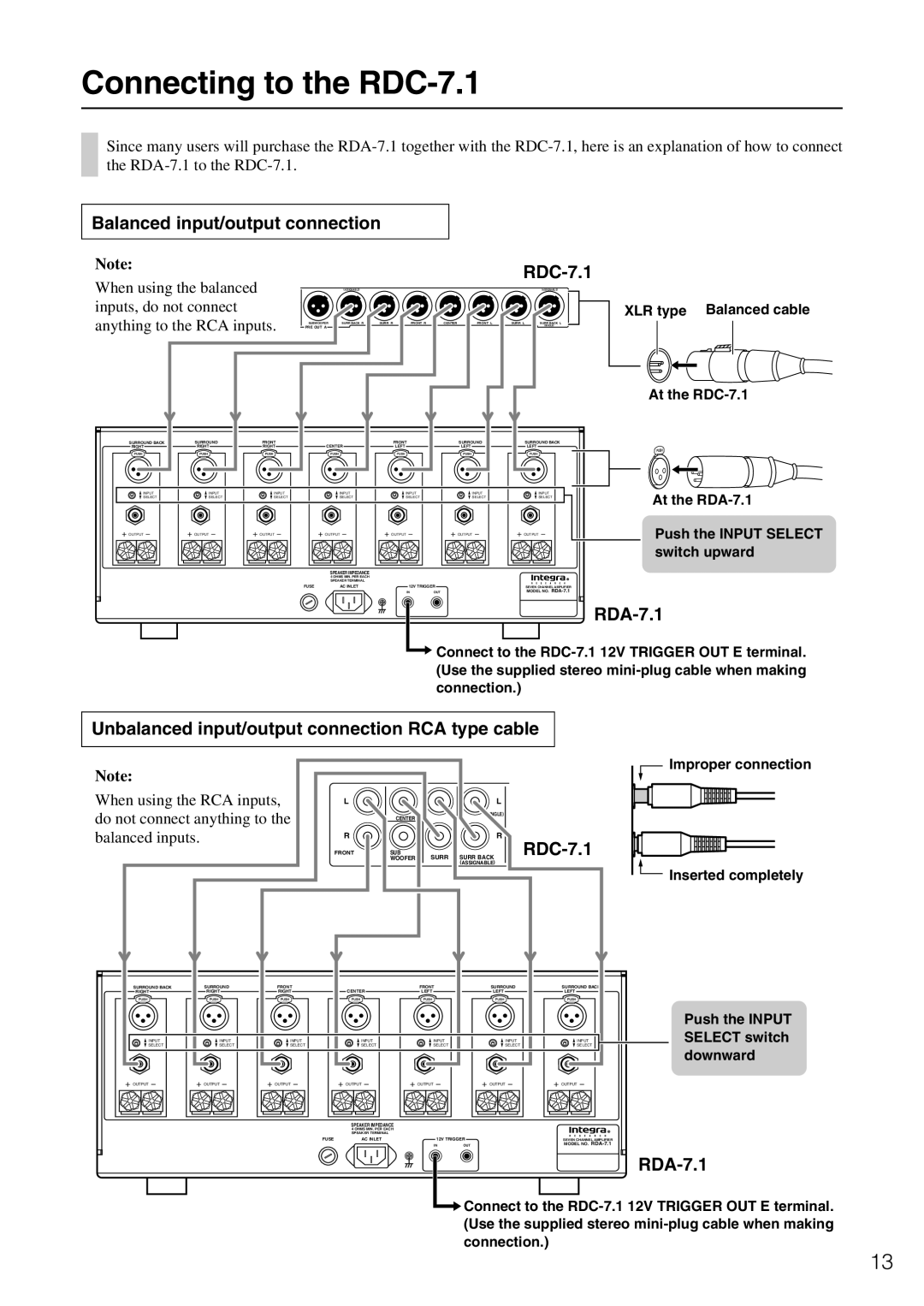 Onkyo RDA-7.1 instruction manual Connecting to the RDC-7.1, Balanced input/output connection RDC-7.1 