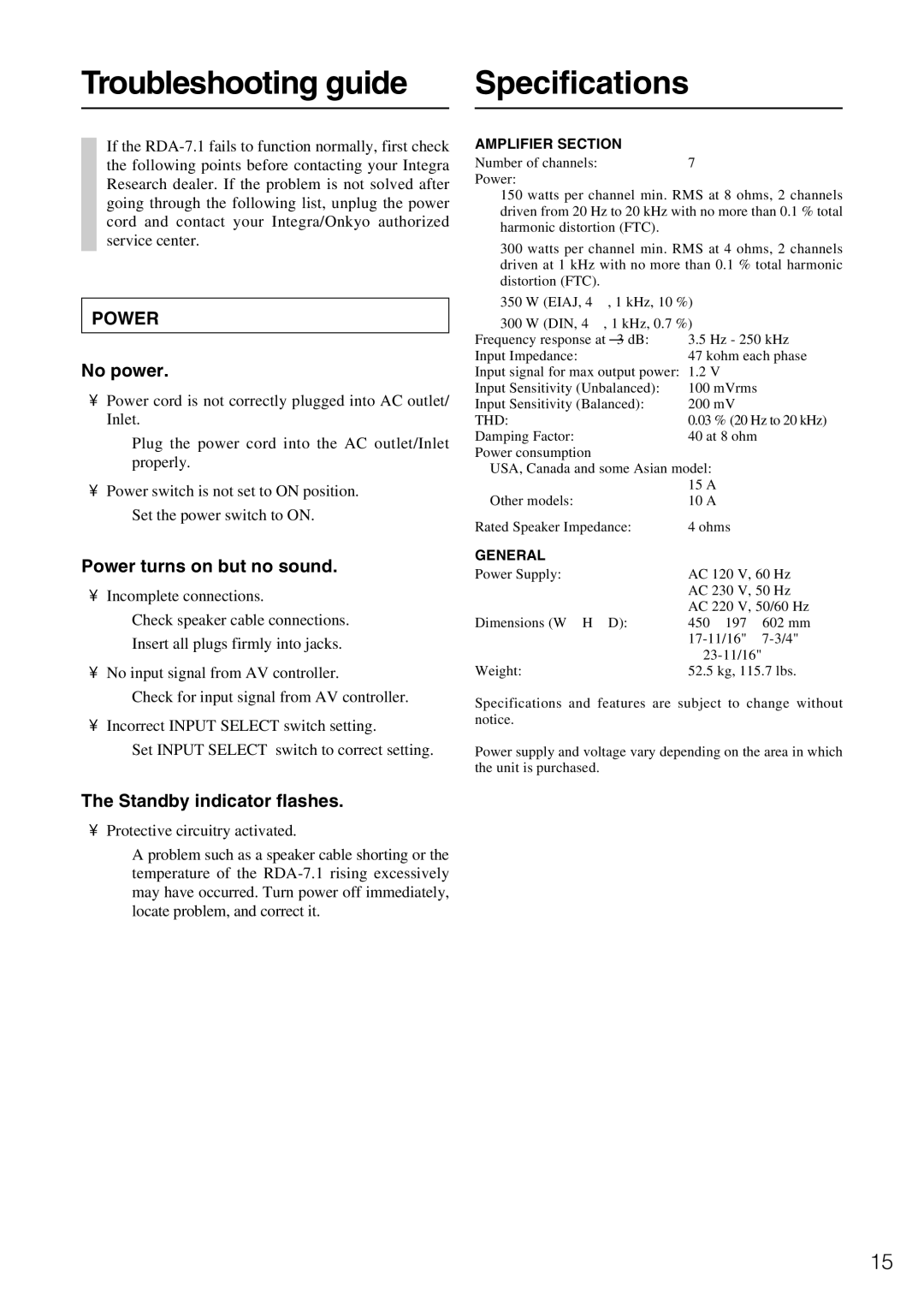 Onkyo RDA-7.1 Troubleshooting guide Specifications, No power, Power turns on but no sound, Standby indicator flashes 