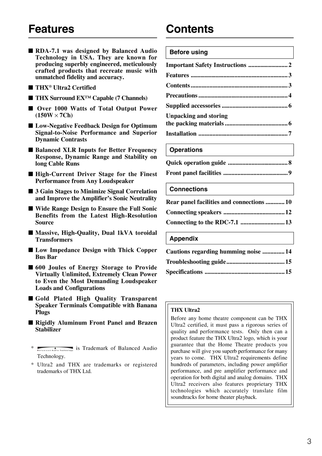 Onkyo RDA-7.1 instruction manual FeaturesContents 