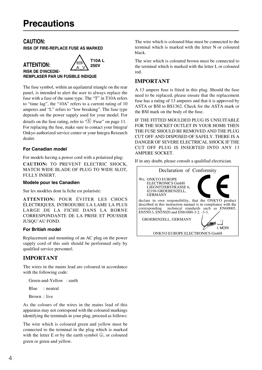 Onkyo RDA-7.1 instruction manual Precautions, For British model 