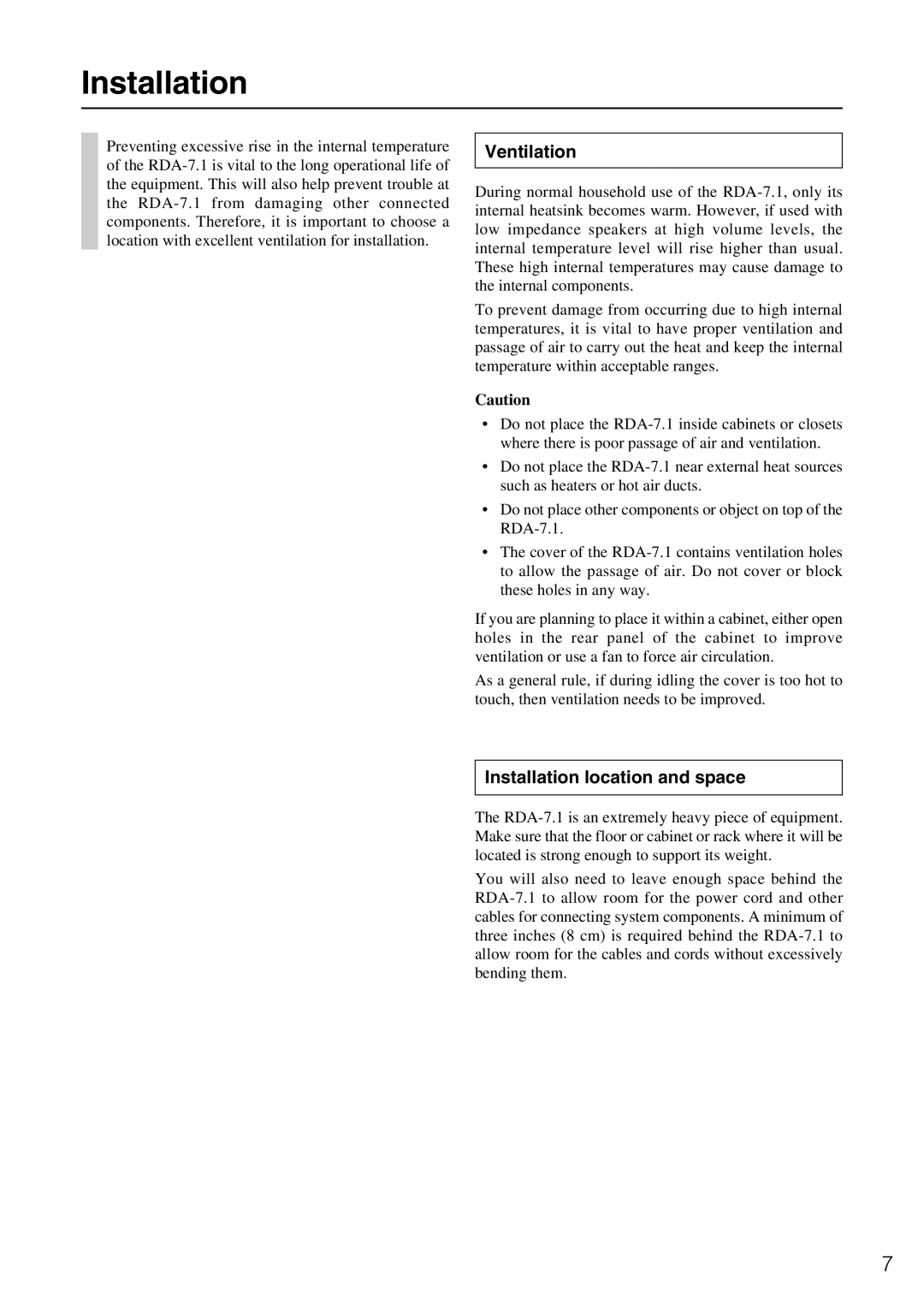 Onkyo RDA-7.1 instruction manual Installation location and space 