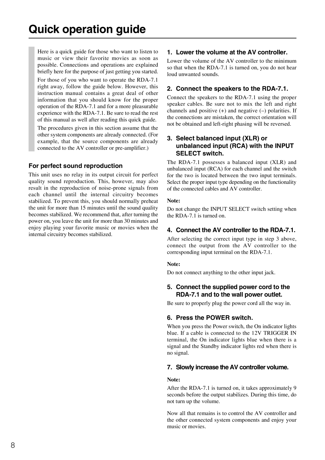 Onkyo RDA-7.1 instruction manual Quick operation guide 