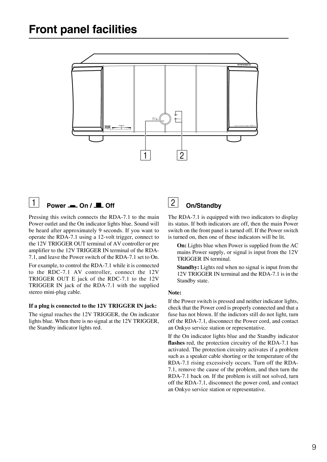 Onkyo RDA-7.1 instruction manual Front panel facilities, Power Off On/Standby 