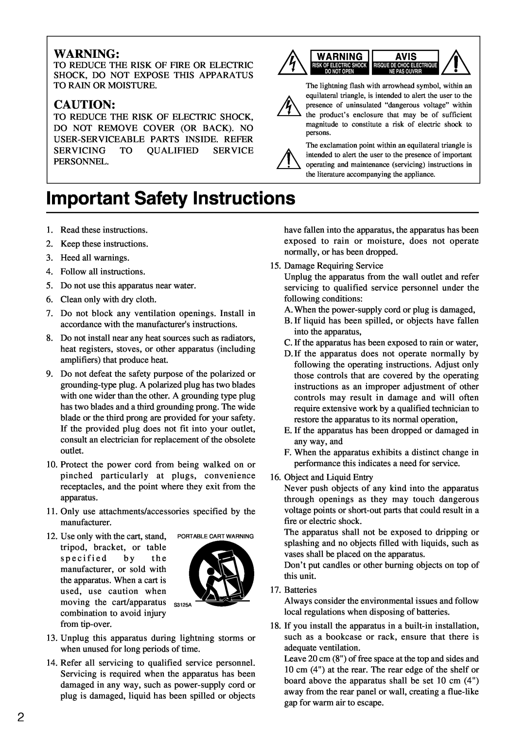 Onkyo RDA-7.1 instruction manual Important Safety Instructions, Avis 