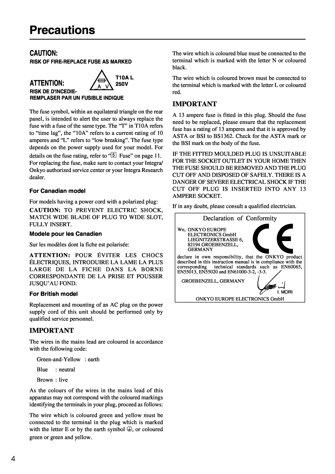 Onkyo RDA-7.1 Precautions, Declaration of Conformity, For Canadian model, Modele pour les Canadien, For British model 