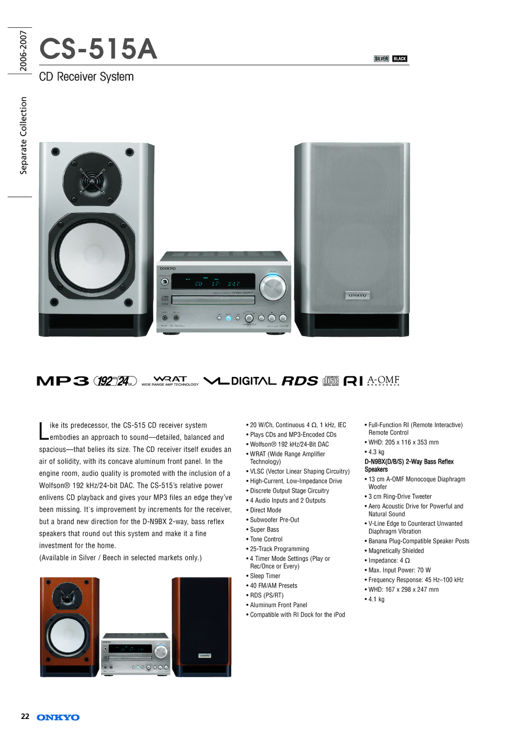 Onkyo RF-EX6 specifications CS-515A, CD Receiver System 