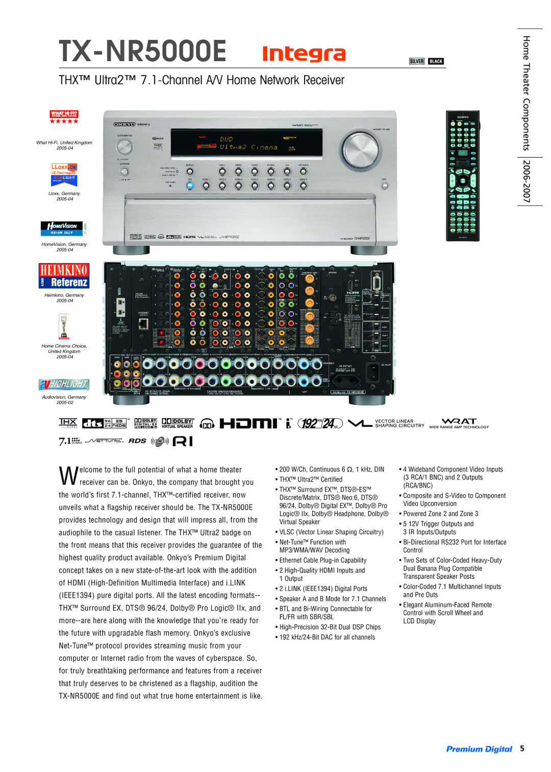 Onkyo RF-EX6 specifications TX-NR5000E, THX Ultra2 7.1-Channel A/V Home Network Receiver 