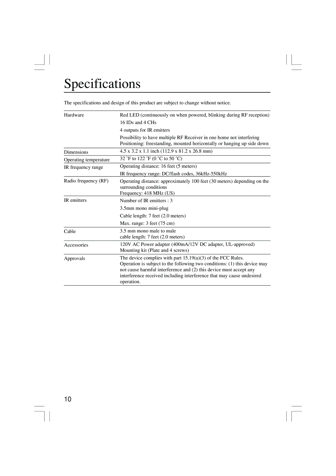 Onkyo RFR-5 instruction manual Specifications 