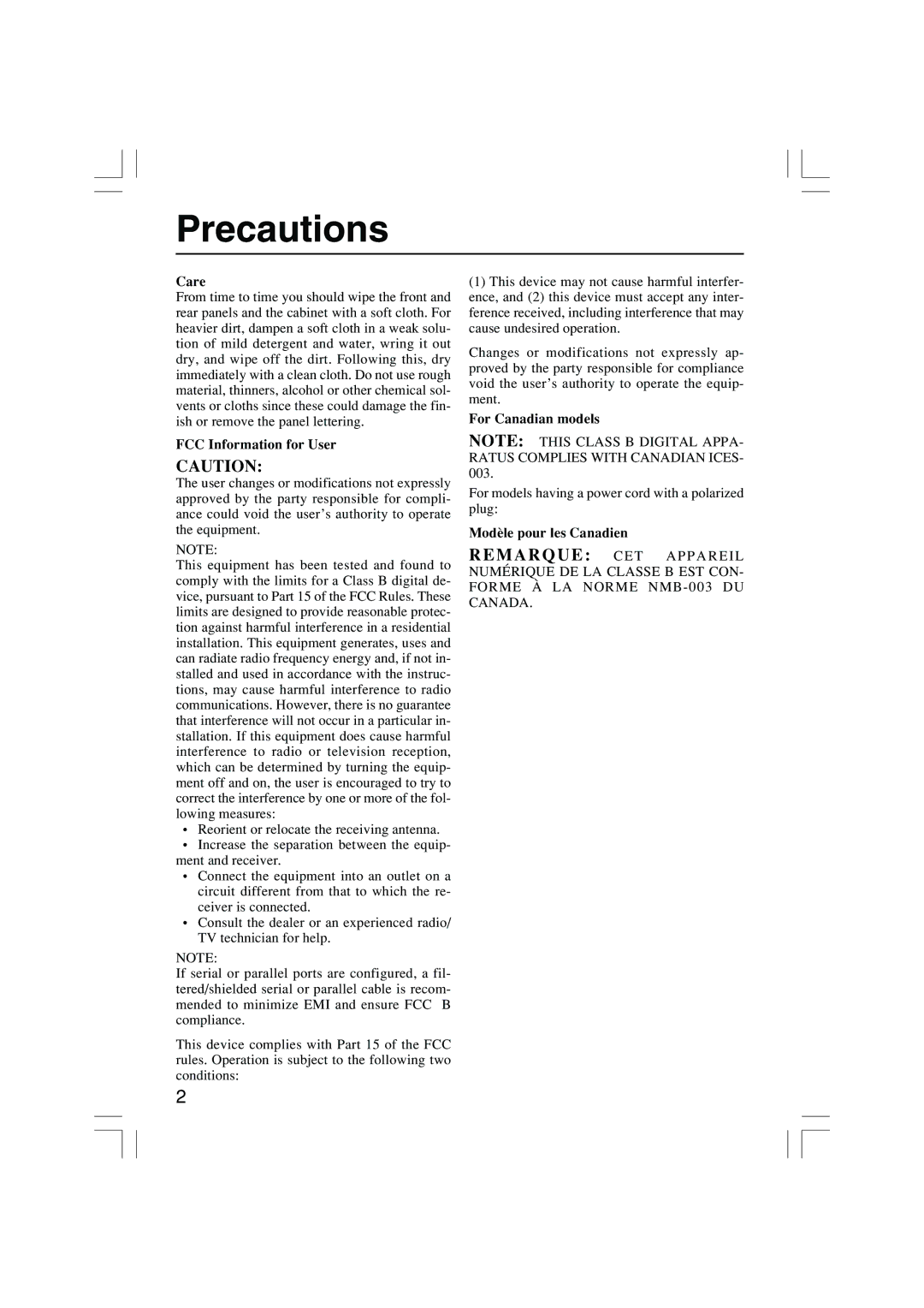 Onkyo RFR-5 instruction manual Precautions, Care 