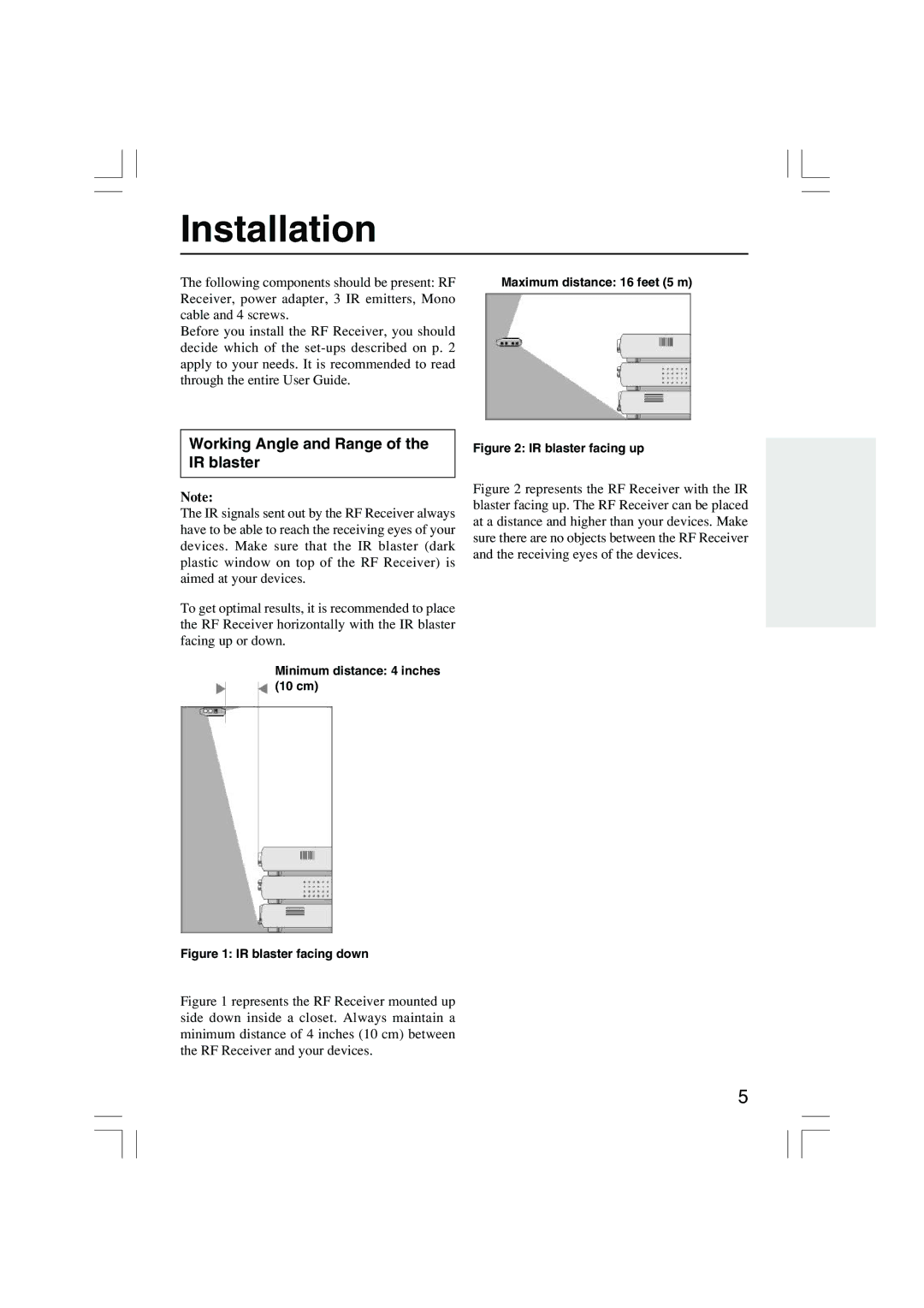 Onkyo RFR-5 instruction manual Installation, Working Angle and Range of the IR blaster 