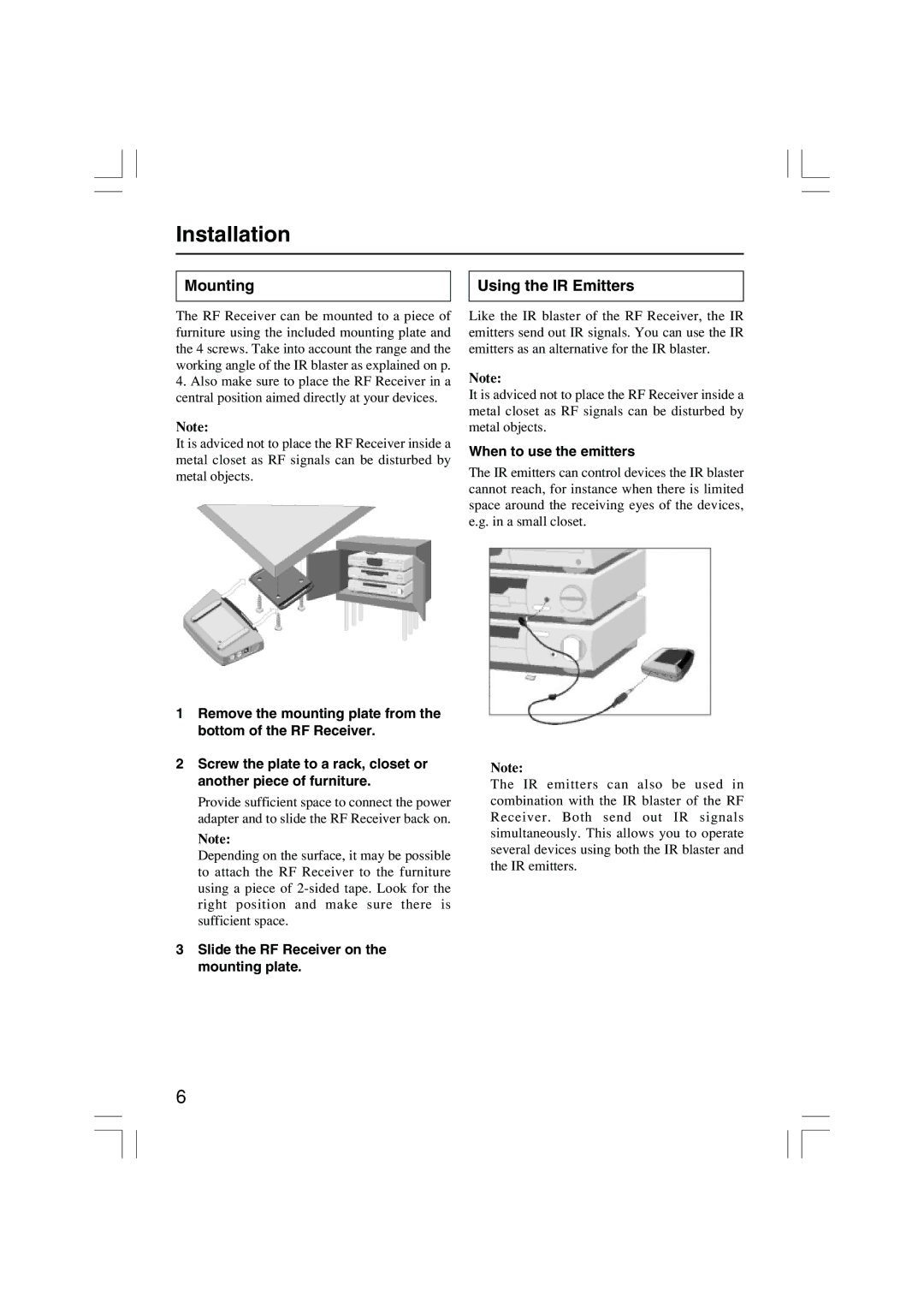 Onkyo RFR-5 Mounting Using the IR Emitters, When to use the emitters, Slide the RF Receiver on the mounting plate 