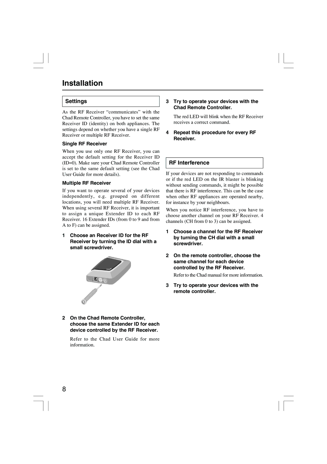 Onkyo RFR-5 instruction manual Settings, RF Interference 