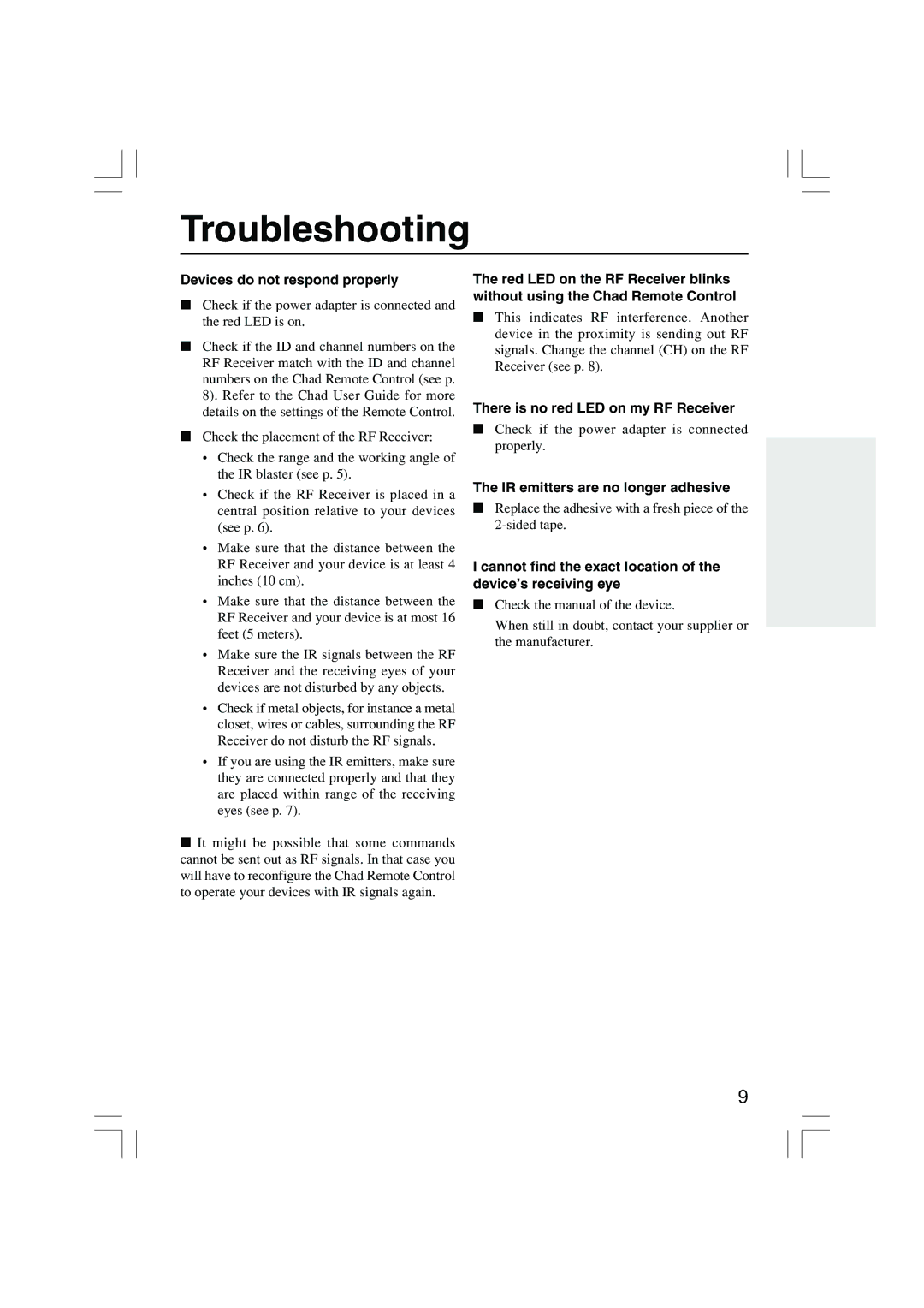 Onkyo RFR-5 instruction manual Troubleshooting, Devices do not respond properly, There is no red LED on my RF Receiver 