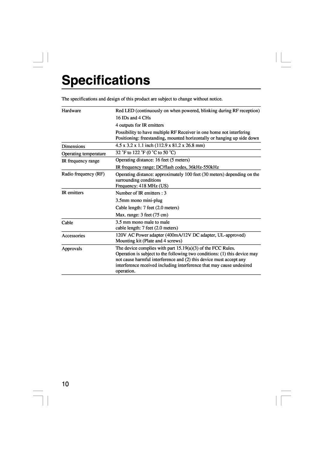 Onkyo RFR-5 instruction manual Specifications 
