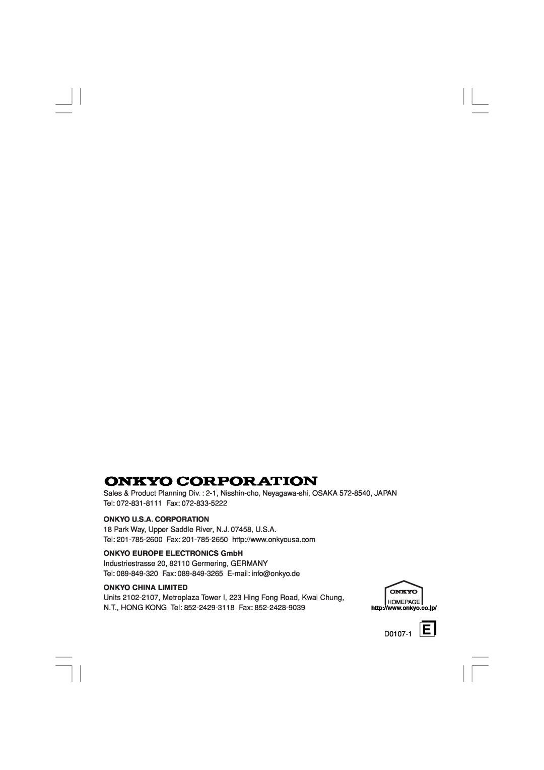 Onkyo RFR-5 instruction manual Onkyo U.S.A. Corporation, ONKYO EUROPE ELECTRONICS GmbH, Onkyo China Limited 
