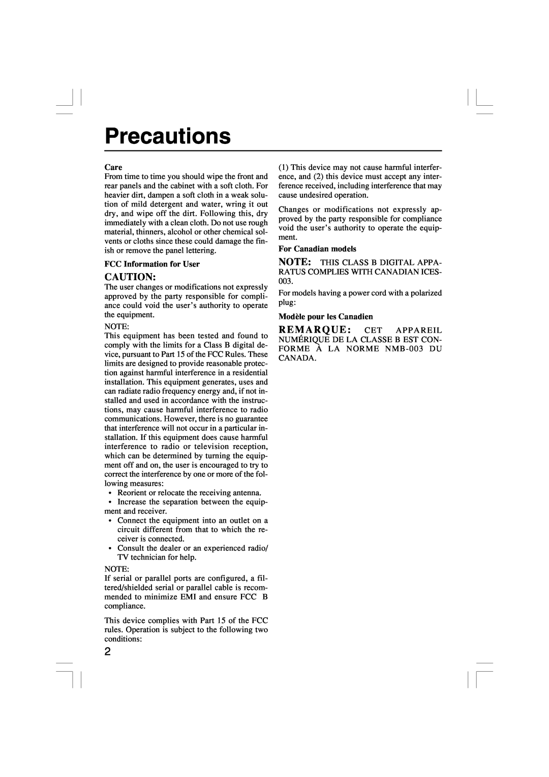 Onkyo RFR-5 instruction manual Precautions, Care, FCC Information for User, For Canadian models, Modèle pour les Canadien 