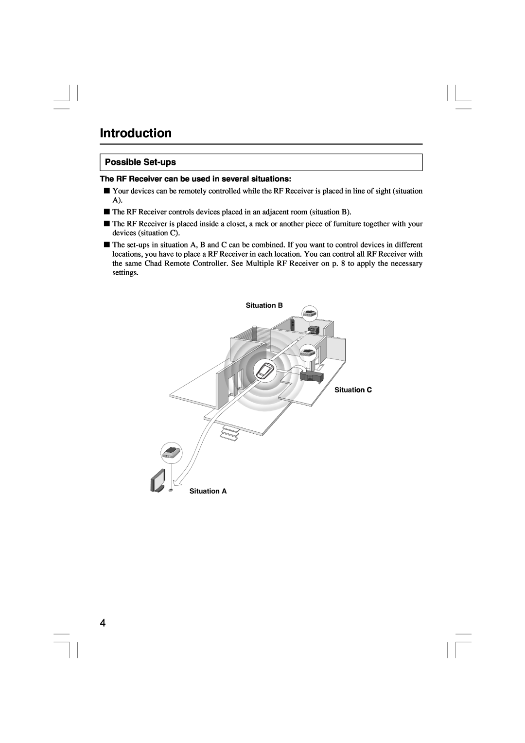 Onkyo RFR-5 instruction manual Introduction, Possible Set-ups, The RF Receiver can be used in several situations 