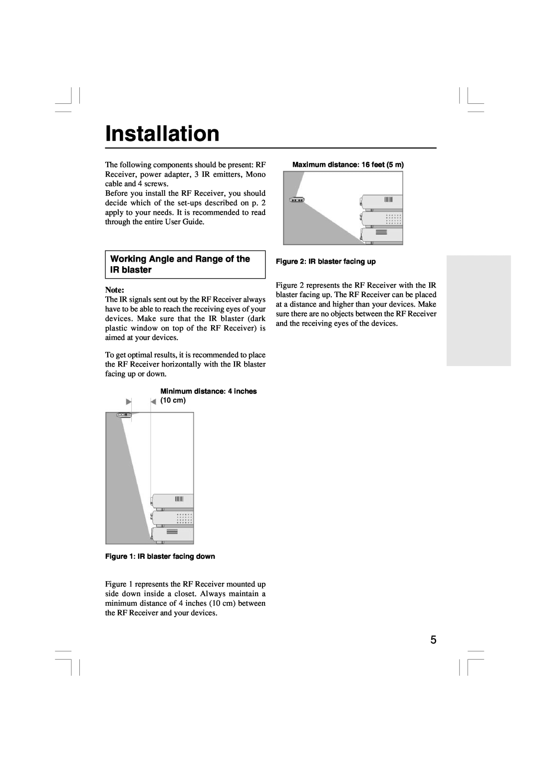 Onkyo RFR-5 instruction manual Installation, Working Angle and Range of the IR blaster 
