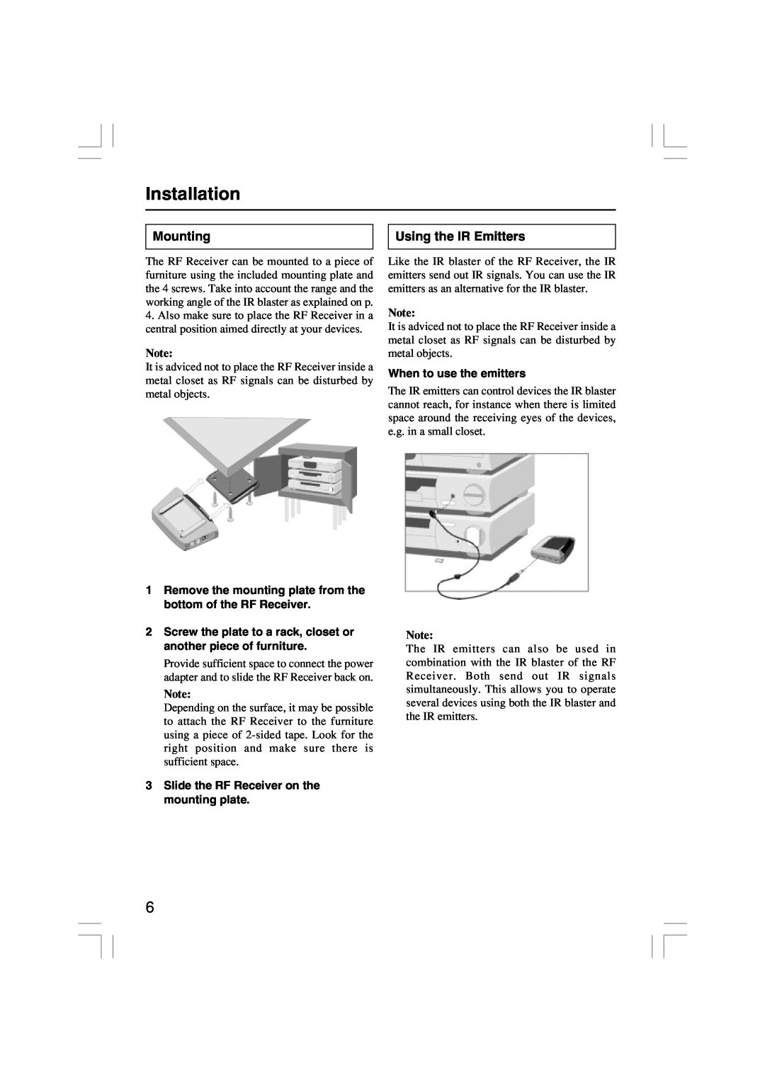 Onkyo RFR-5 instruction manual Installation, Mounting, Using the IR Emitters, When to use the emitters 