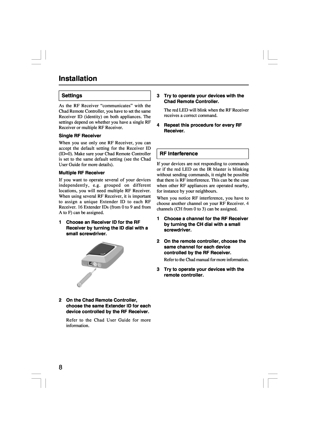 Onkyo RFR-5 instruction manual Installation, Settings, RF Interference, Single RF Receiver, Multiple RF Receiver 