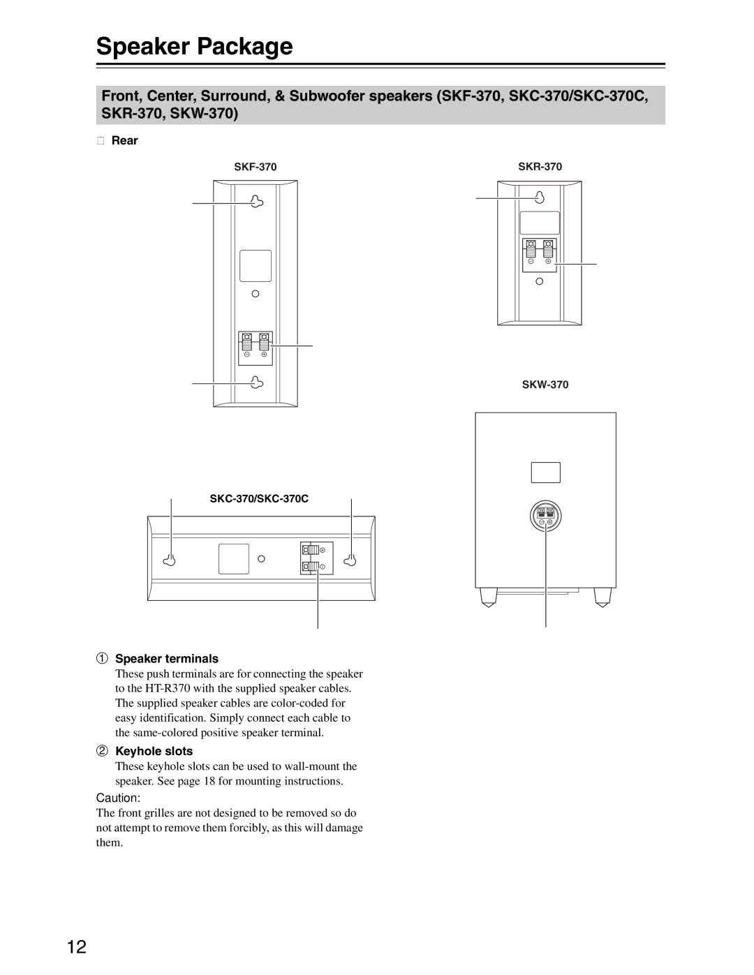 Onkyo S3200 instruction manual Speaker Package, Rear, Speaker terminals, Keyhole slots, SKC-370/SKC-370C b 