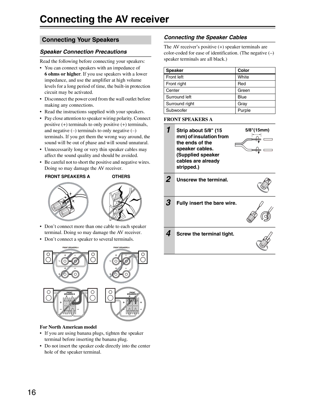 Onkyo S3200 Connecting the AV receiver, Connecting Your Speakers, Speaker Connection Precautions, Strip about 5/8 