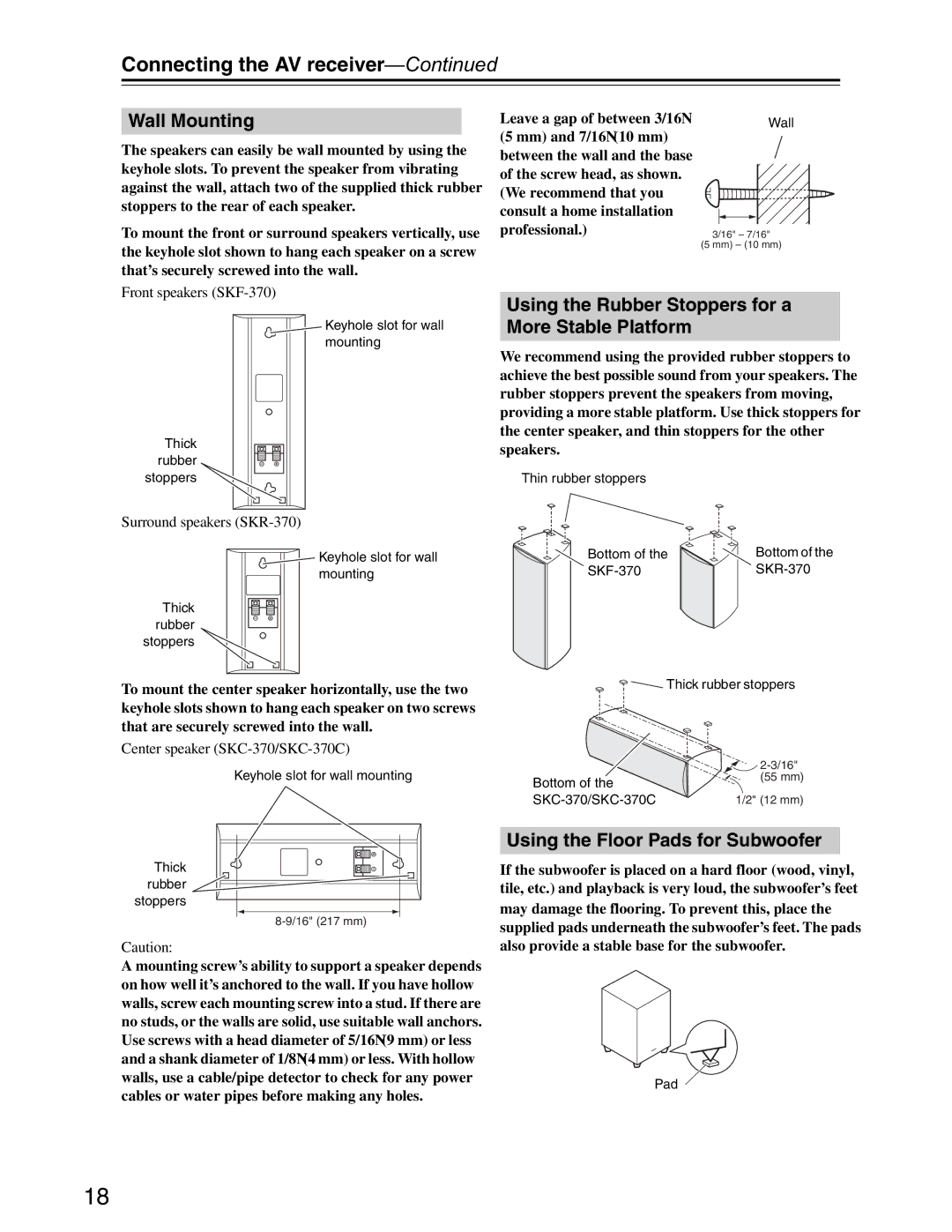 Onkyo S3200 Wall Mounting, Using the Rubber Stoppers for a More Stable Platform, Using the Floor Pads for Subwoofer 