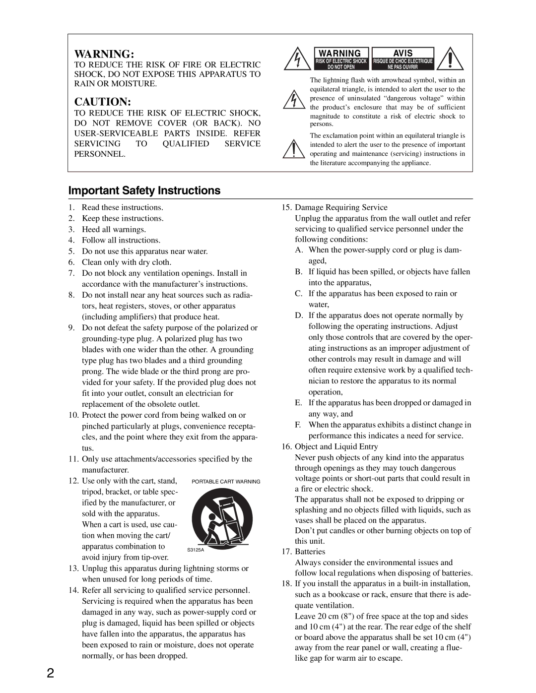 Onkyo S3200 instruction manual Important Safety Instructions, Avis 