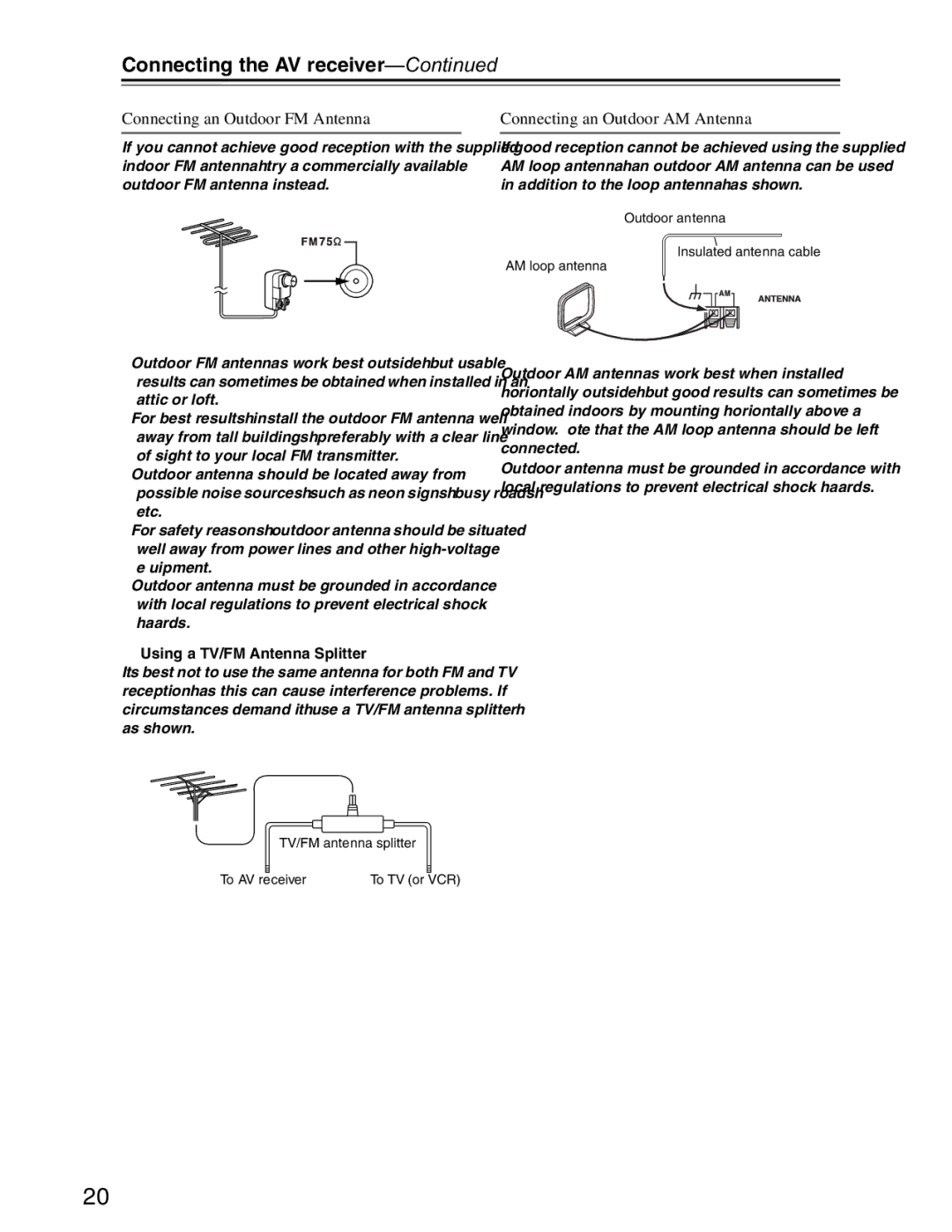 Onkyo S3200 Connecting an Outdoor FM Antenna, Connecting an Outdoor AM Antenna, Using a TV/FM Antenna Splitter 